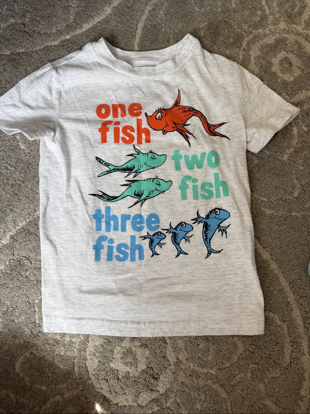 jumping beans White Tee with Orange, Teal, Blue Fish Graphic